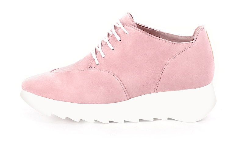Light pink women's casual lace-up shoes. Square toe. Low rubber soles. Profile view - Florence KOOIJMAN